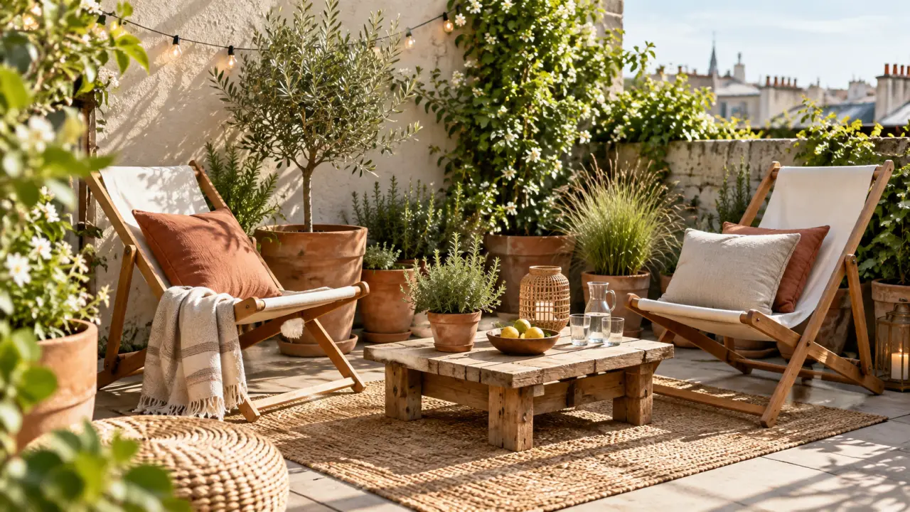 Terrasse cosy aménagée avec du mobilier simple, des plantes et des matières naturelles