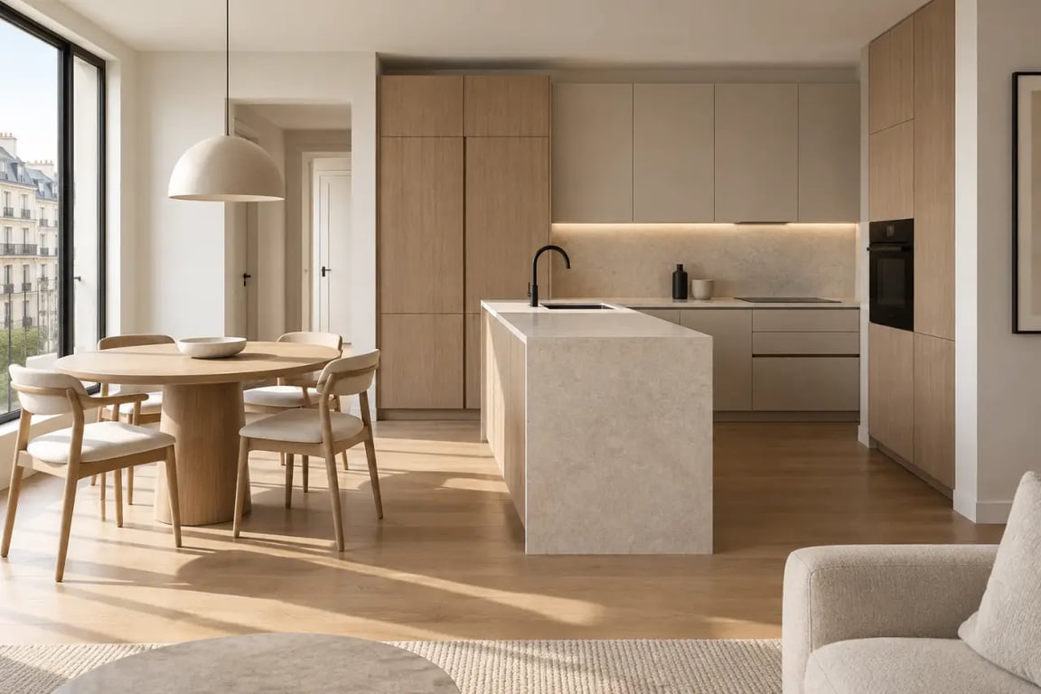 Cuisine salle à manger ouverte dans un petit espace avec péninsule compacte et circulation dégagée