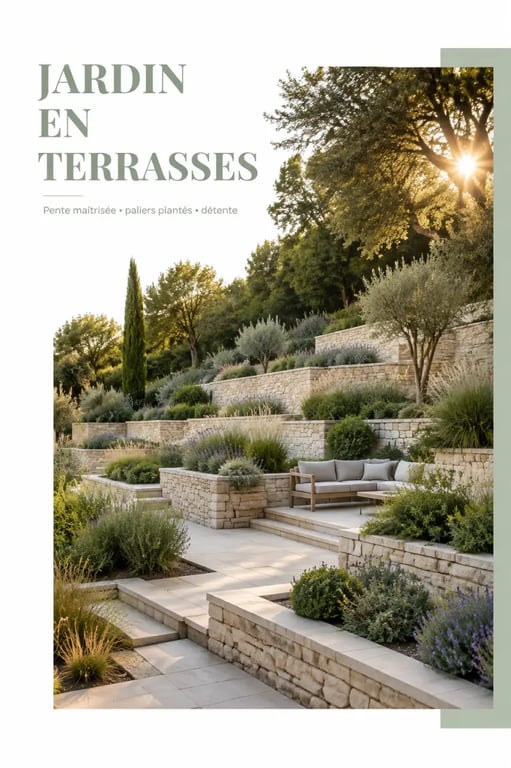 Photo aménagement jardin en pente avec terrasses, murets en pierre et coin détente