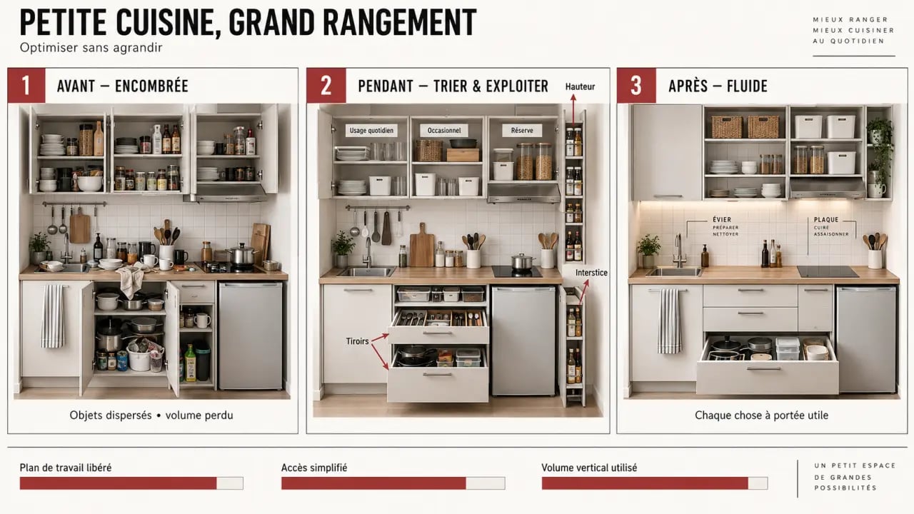 Comment optimiser les rangements dans une petite cuisine en trois étapes, du tri à l’organisation des espaces