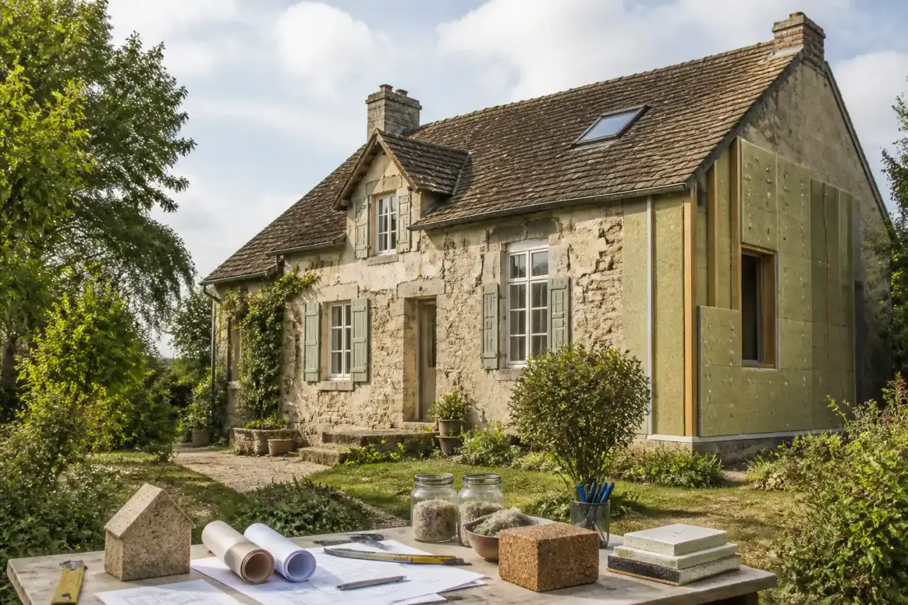 Intérieur lumineux d’un vieux logis rénové avec des matériaux naturels et une ambiance chaleureuse