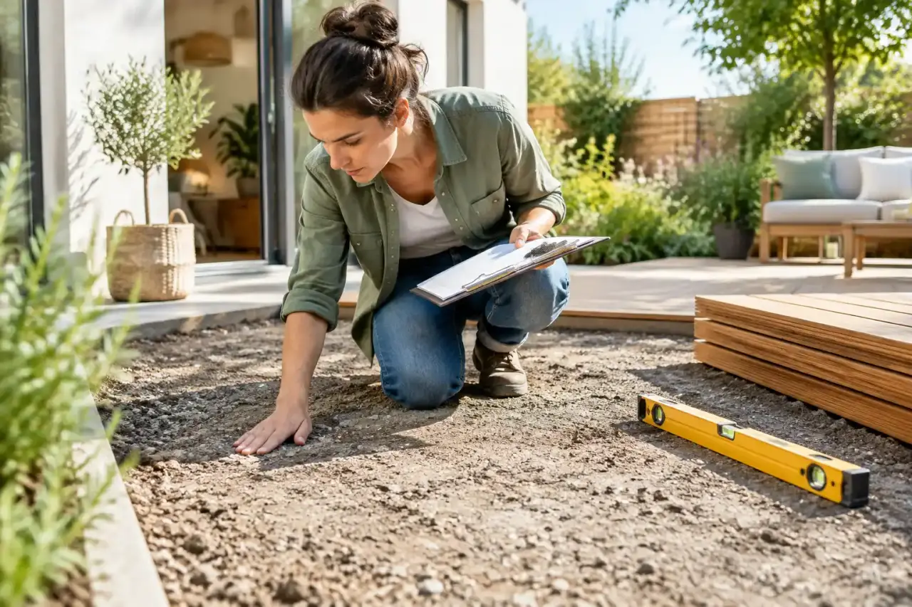 Préparation du sol avant la pose d'une terrasse en bois dans un jardin