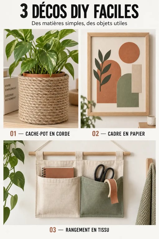 Idées de déco fait maison facile avec cache-pot en corde, cadre en papier et rangement en tissu