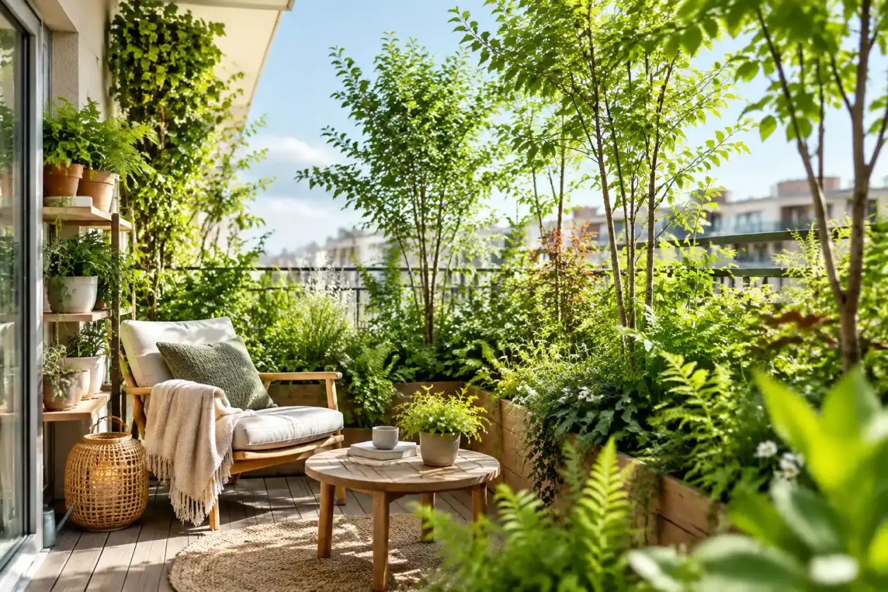 Balcon urbain aménagé comme une micro-forêt avec des arbres en pots, des fougères et des plantes grimpantes