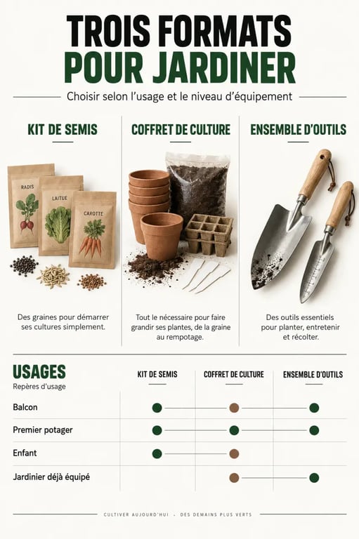 Infographie des différents formats d’un ensemble de jardinage pour balcon, potager ou activité familiale
