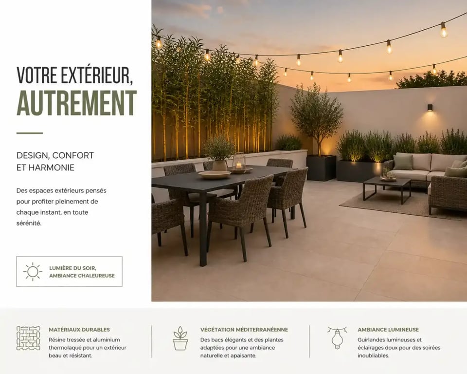 Aménagement patio extérieur avec coin repas et coin détente séparés par des plantes