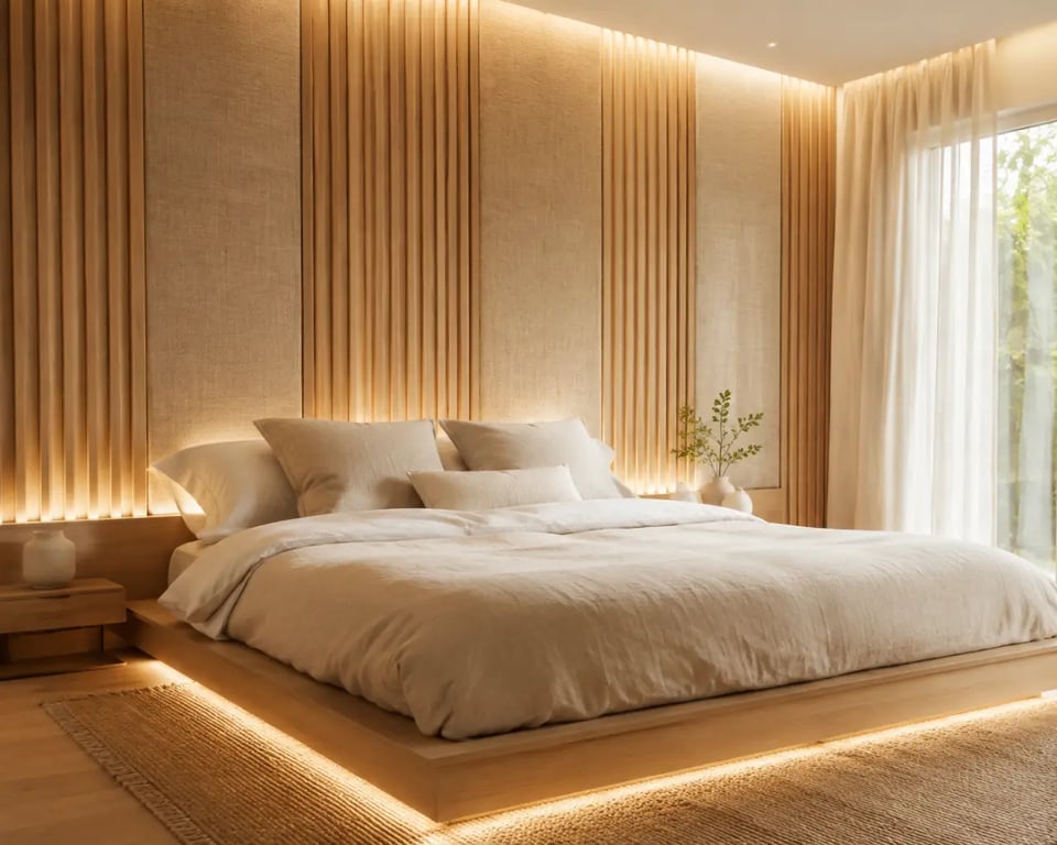 Idées déco murs chambre avec tasseaux de bois et textile mural cocooning