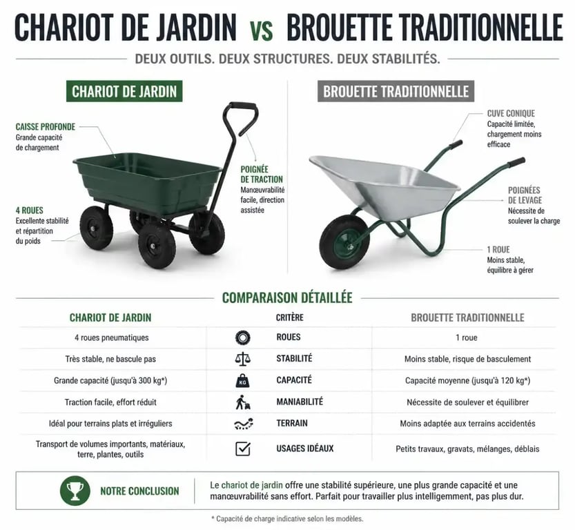 Comparaison visuelle entre un chariot de jardin et une brouette pour choisir le bon équipement