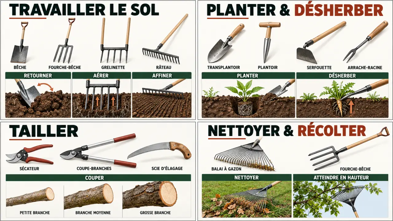 Outillage de jardin classé par usages pour travailler le sol, planter, désherber, tailler et nettoyer