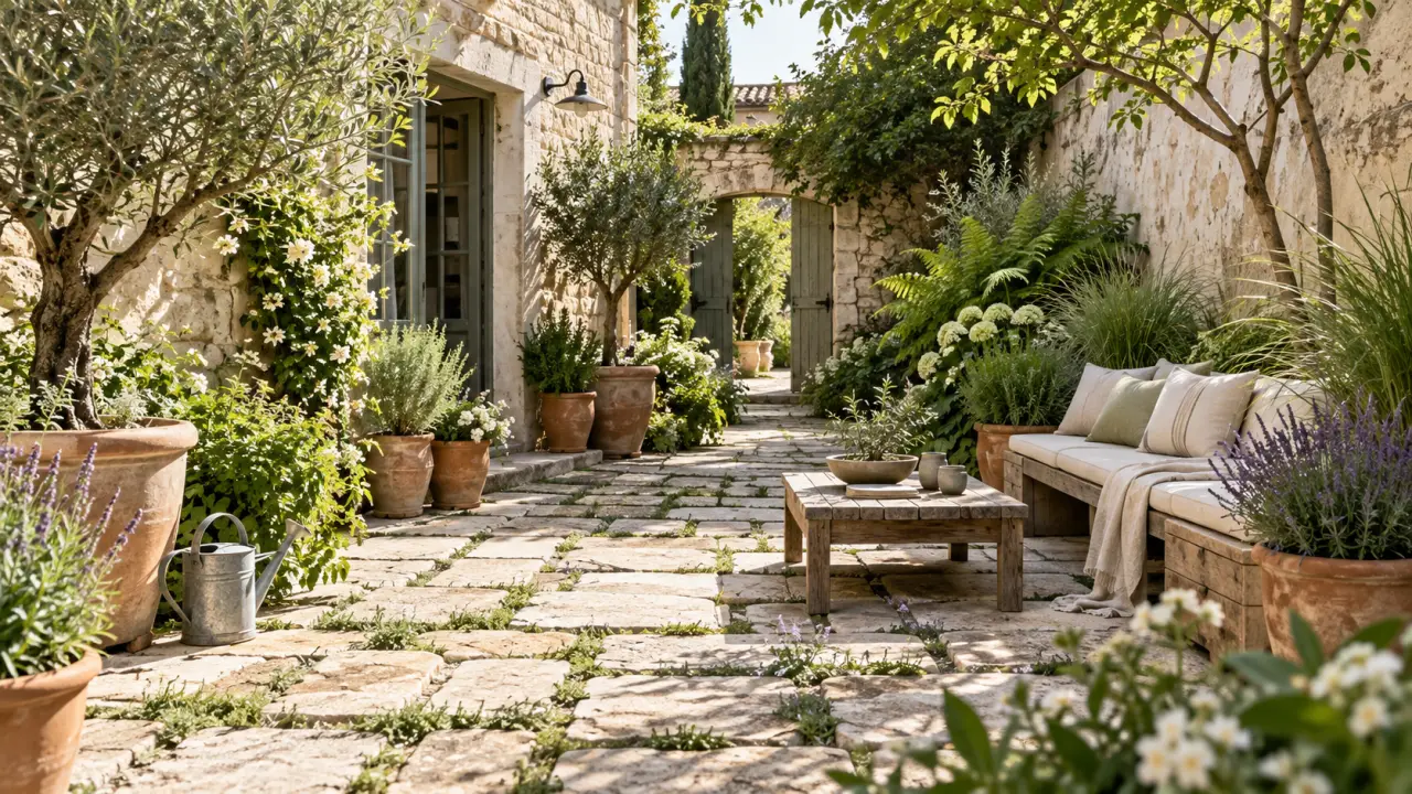 Petite cour urbaine transformée en jardin luxuriant avec plantes, bois et matériaux minéraux