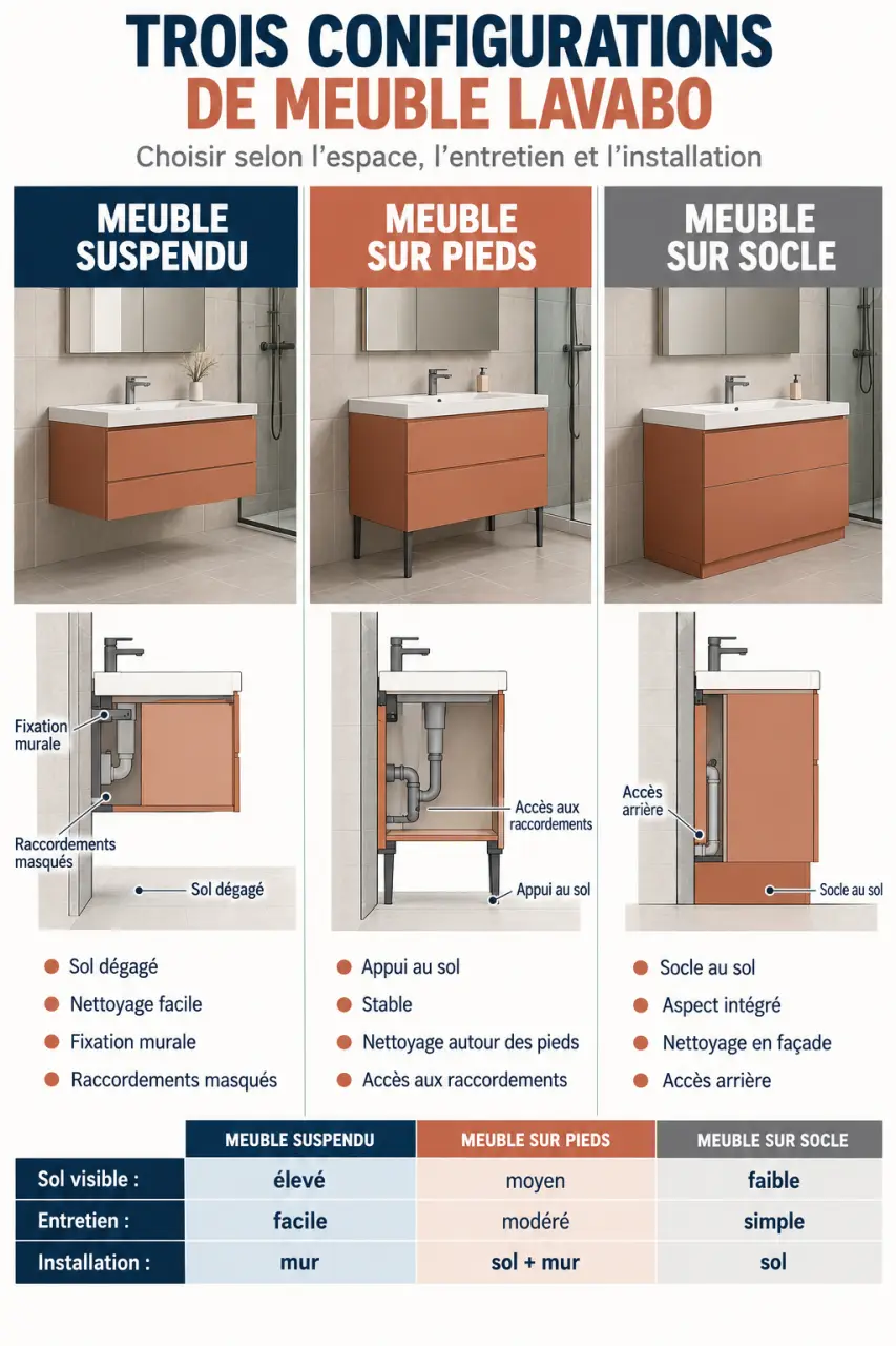 Infographie comparative des meubles lavabo salle de bains suspendus, sur pieds et à poser