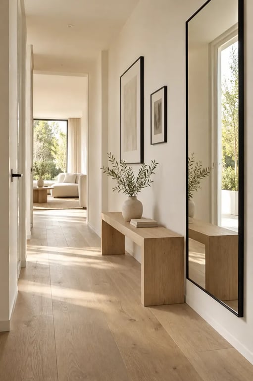 Décoration murale tendance avec miroir vertical dans une entrée étroite et lumineuse