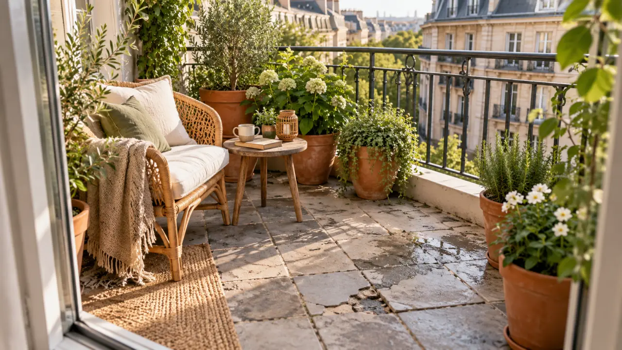 Balcon élégant aménagé avec un sol chaleureux, des plantes et du mobilier naturel