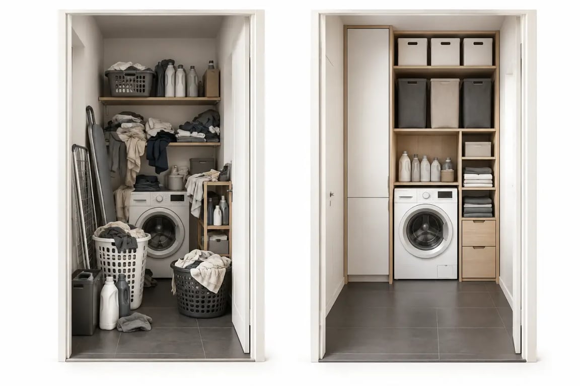 Meuble rangement buanderie avant après dans une petite pièce optimisée