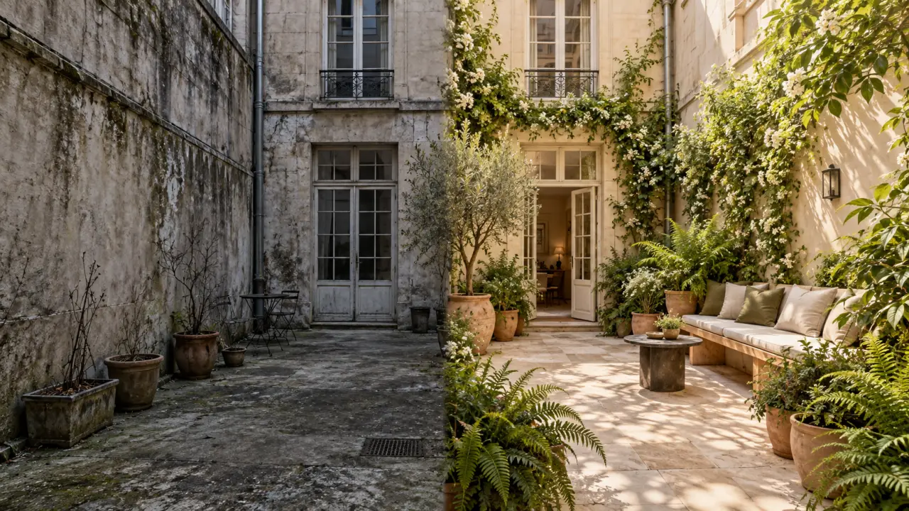 Patio végétal aménagé dans une ancienne cour sombre, avec plantes, bois et murs clairs