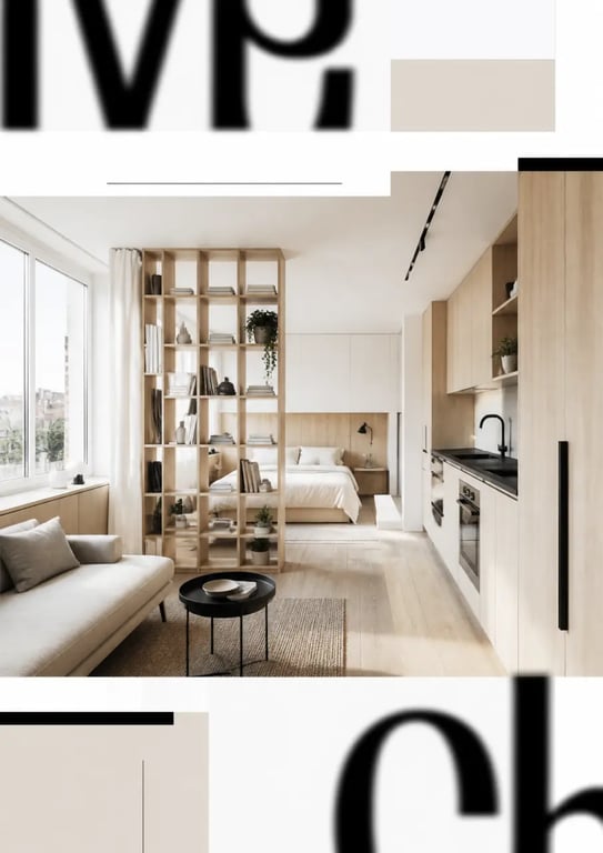 Aménagement petit studio lumineux avec zone nuit séparée et rangements verticaux