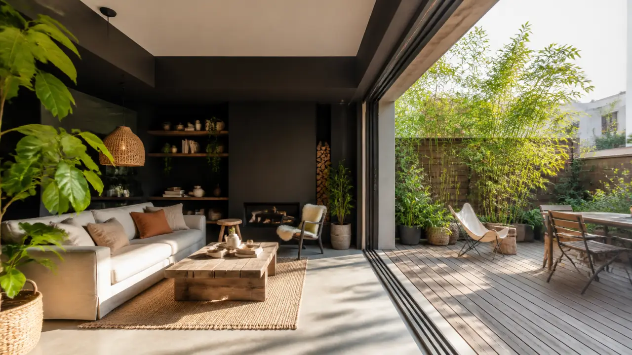Salon lumineux ouvert sur une terrasse en bois avec grande baie vitrée, matières naturelles et plantes vertes