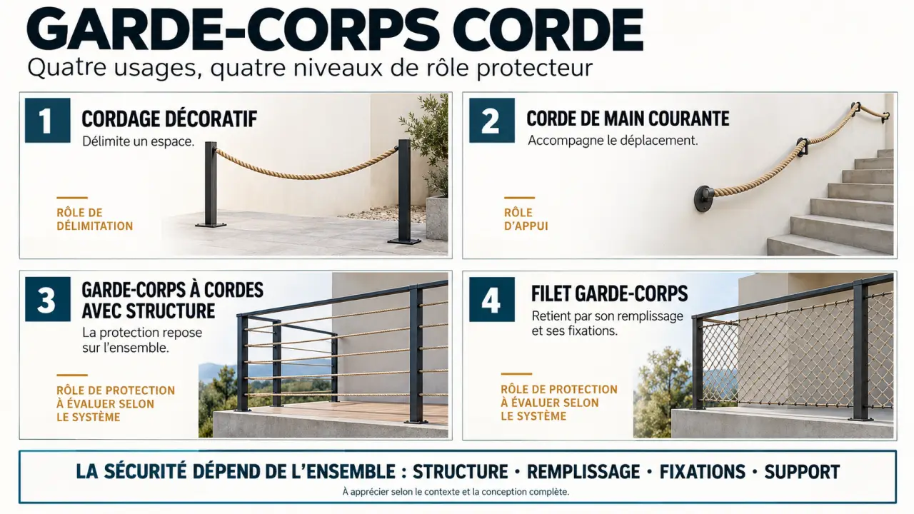 Garde-corps corde : distinction entre cordage décoratif, main courante, garde-corps à cordes et filet garde-corps