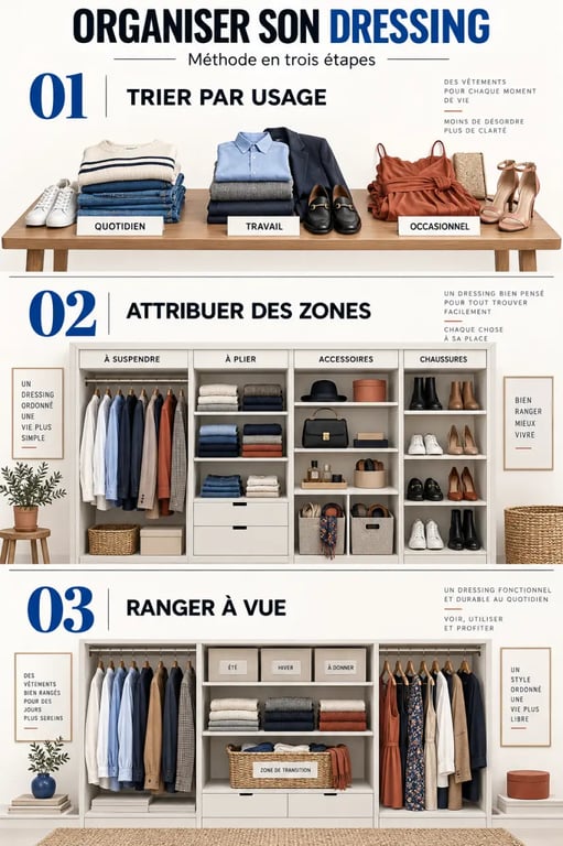 Illustration des étapes d'une organisation dressing avec tri, zones dédiées et rangement visible