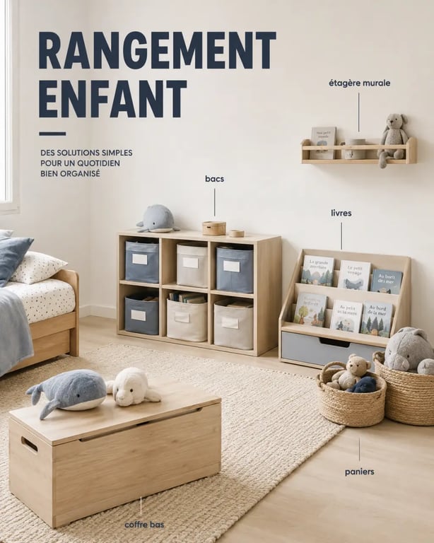 Rangement jouet meuble dans une chambre d’enfant organisée avec coffre, meuble à cases et bibliothèque basse
