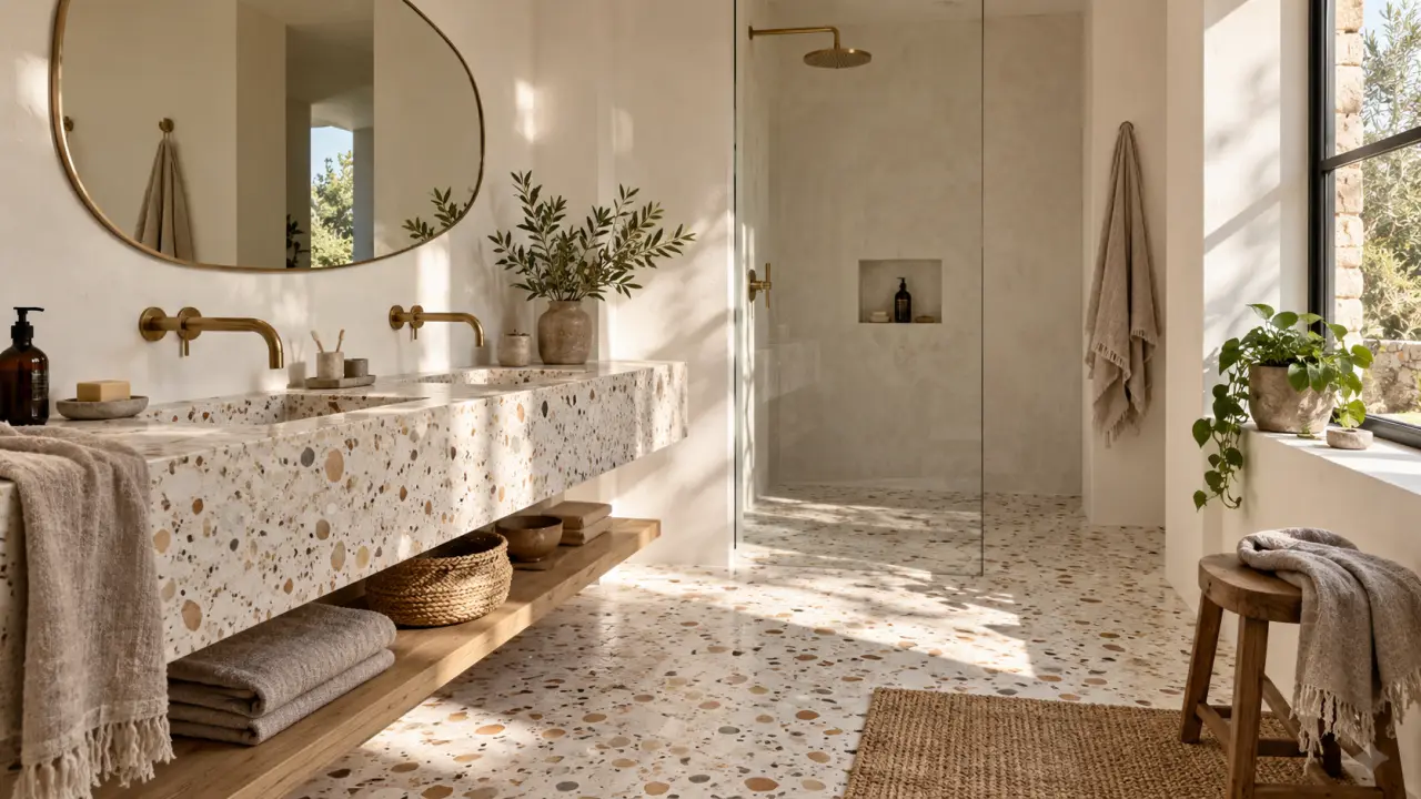 Salle de bains lumineuse avec sol et vasque en terrazzo, bois naturel et textiles écrus