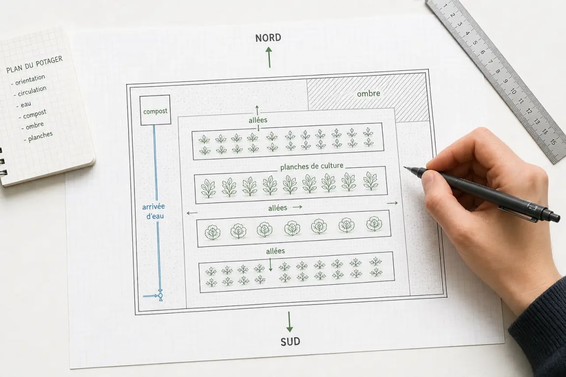 Dessiner un potager : croquis de plan de jardin avec allées, zones d’ombre et repères d’orientation