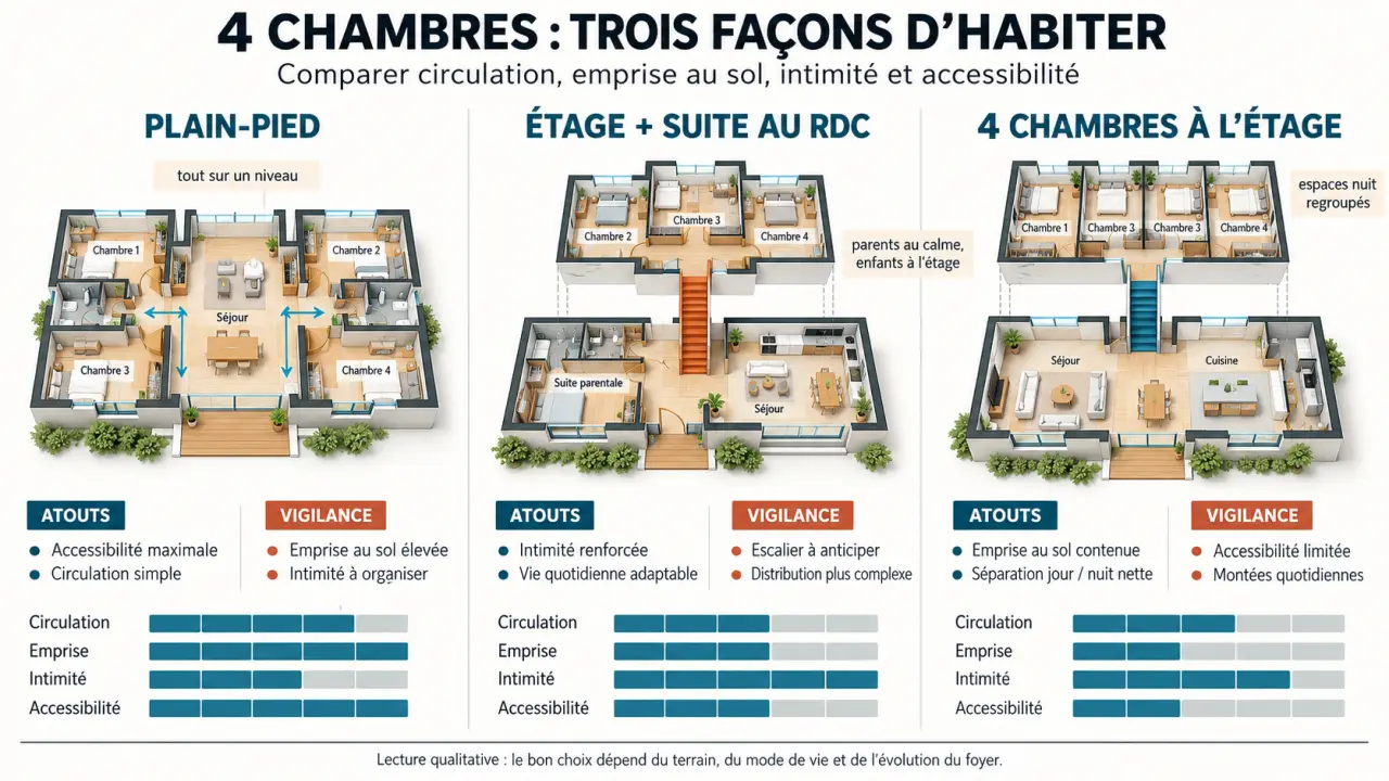 Infographie comparant trois plans maison 4 chambres de plain-pied et à étage