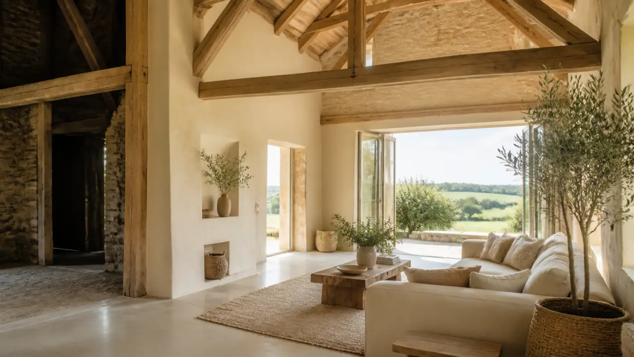 Grange rénovée en intérieur lumineux et chaleureux, matières naturelles et lumière douce