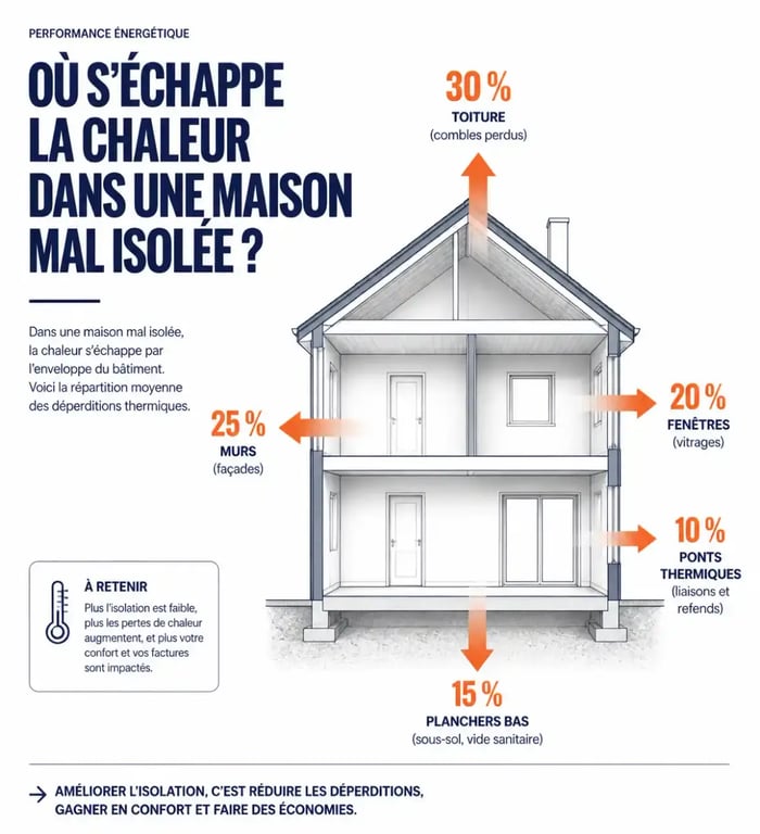 Infographie des déperditions de chaleur lors de travaux de rénovation intérieur et isolation