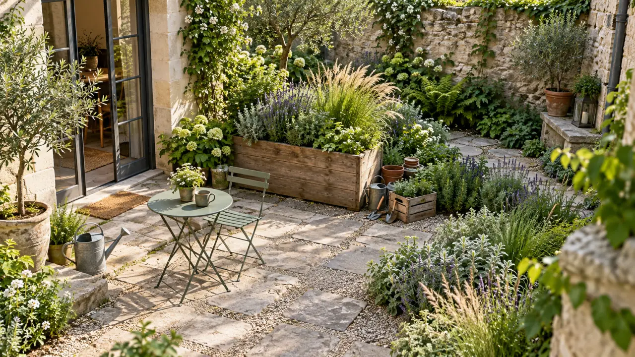 Cour minérale transformée en jardin vivant avec des plantes, des matériaux naturels et un espace de repos