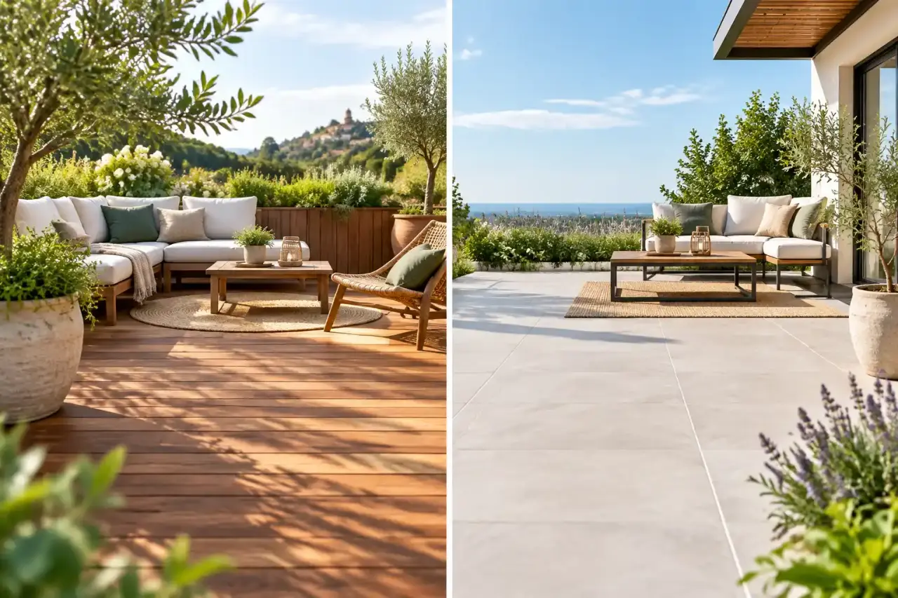 Terrasse extérieure élégante associant matériaux naturels et mobilier de jardin