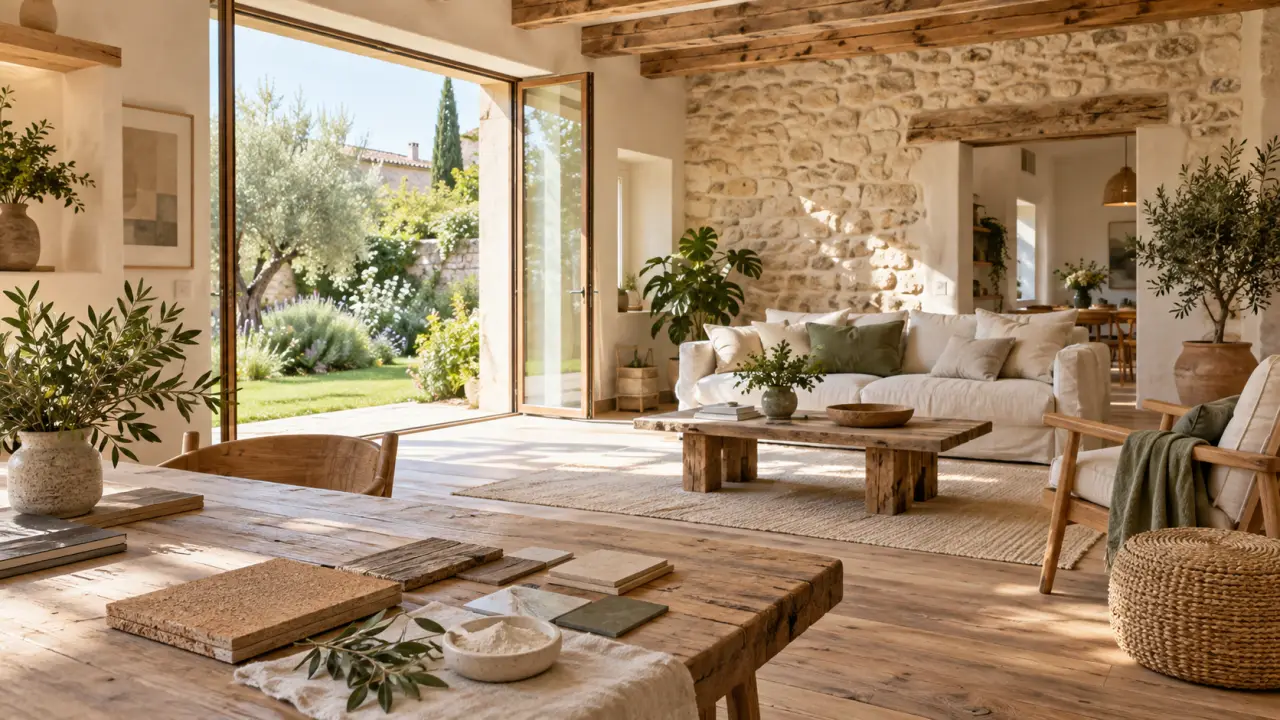 Intérieur ancien rénové avec des matériaux naturels et des éléments architecturaux préservés
