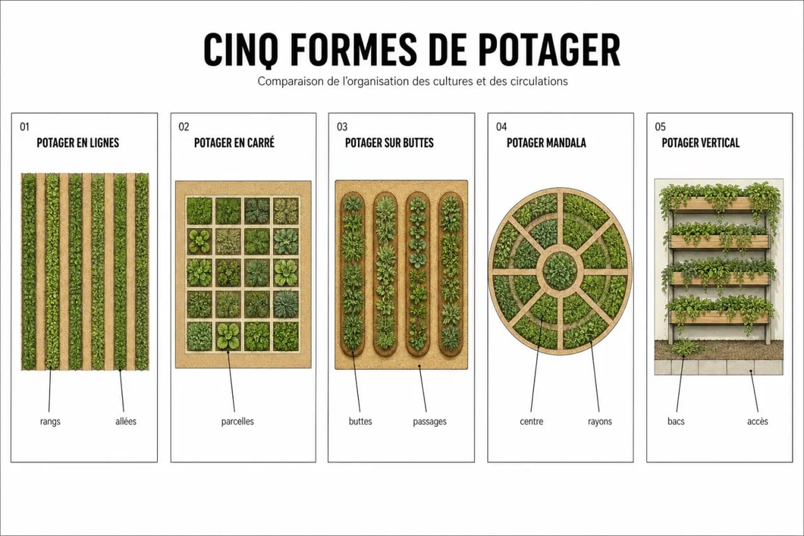 Dessiner un potager : comparaison visuelle des formes en lignes, en carré, sur buttes, circulaire et vertical