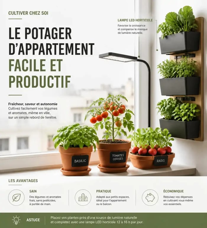 Potager en appartement sur rebord de fenêtre lumineux avec basilic, tomates cerises et lampe LED