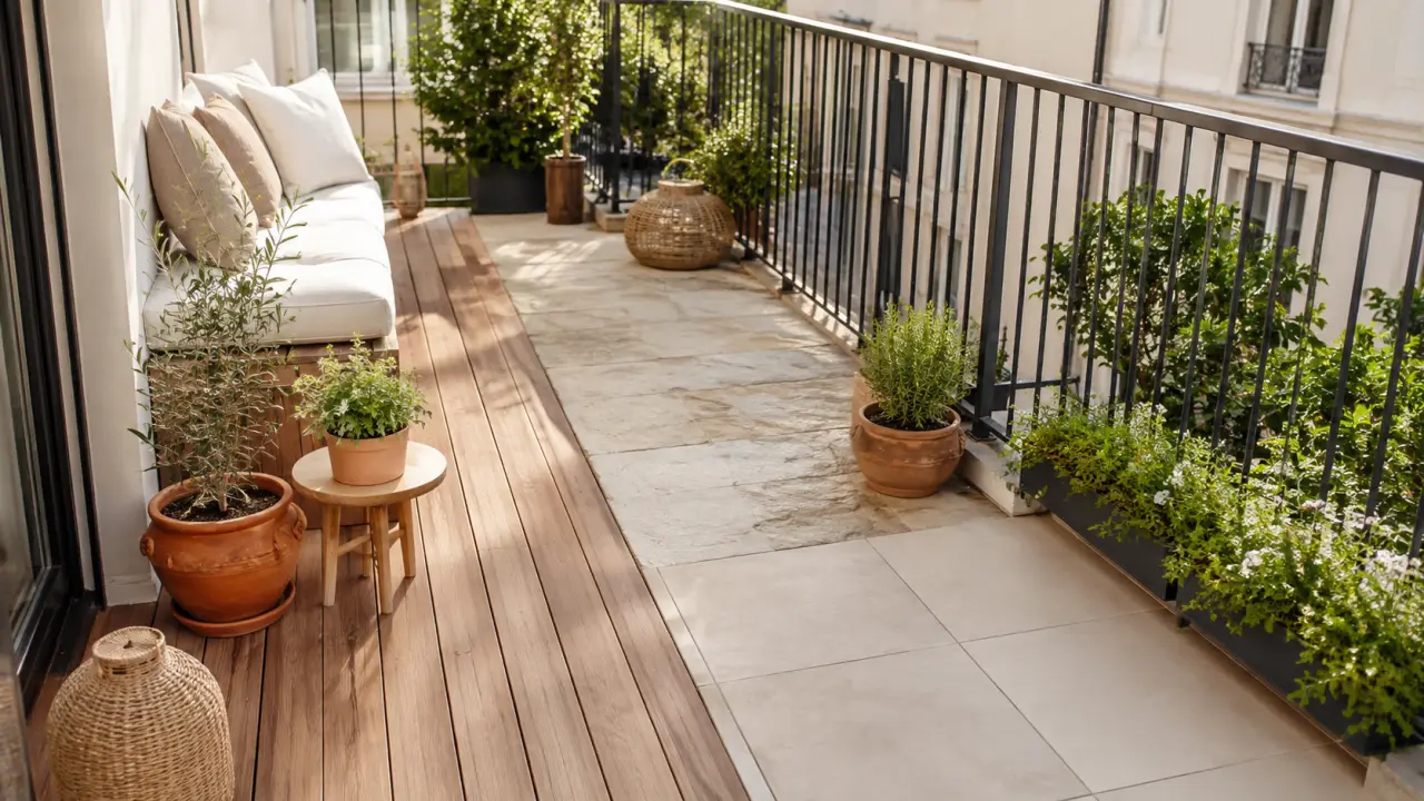 Balcon lumineux habillé de matériaux naturels dans un esprit élégant et apaisé