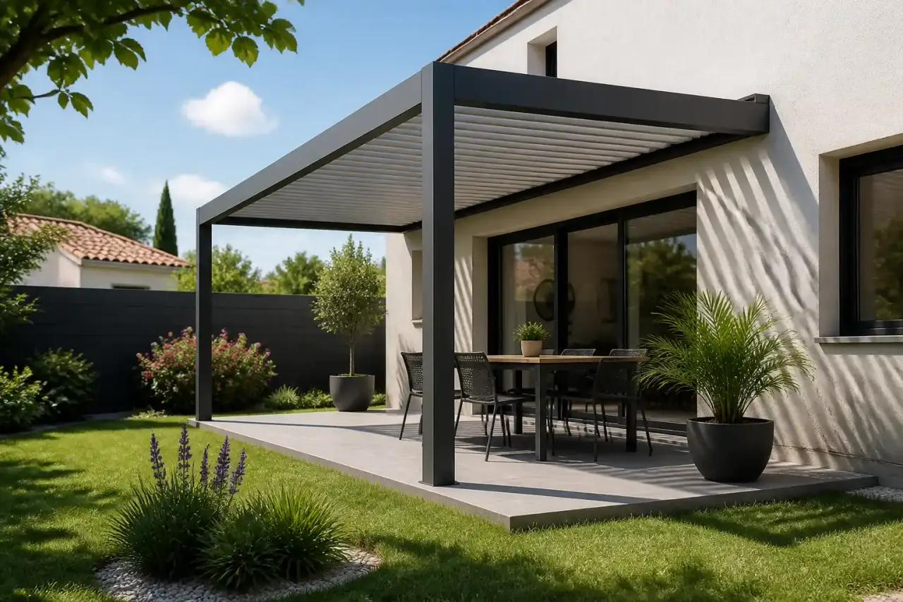Pergola adossée élégante ouvrant la maison sur un jardin lumineux