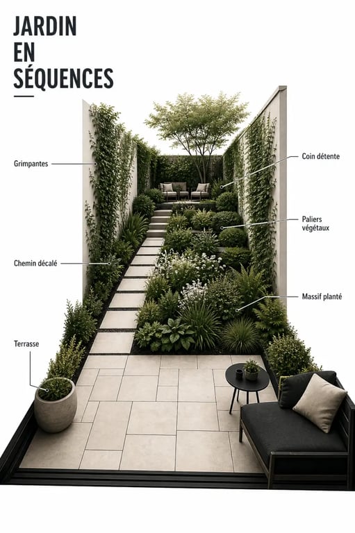 Aménagement jardin en longueur : jardin étroit structuré en zones successives avec chemin décalé et plantations en paliers