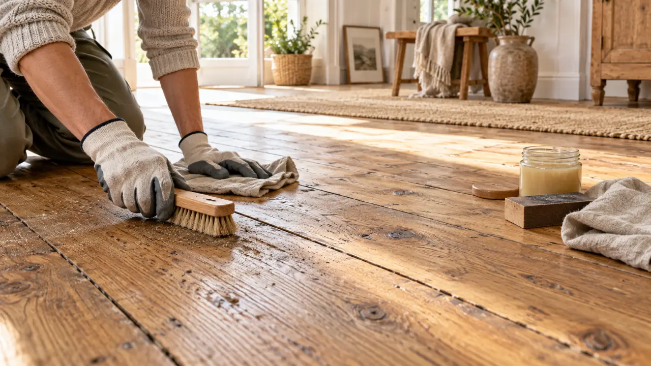 Parquet ancien en bois dans un intérieur lumineux en cours de rénovation