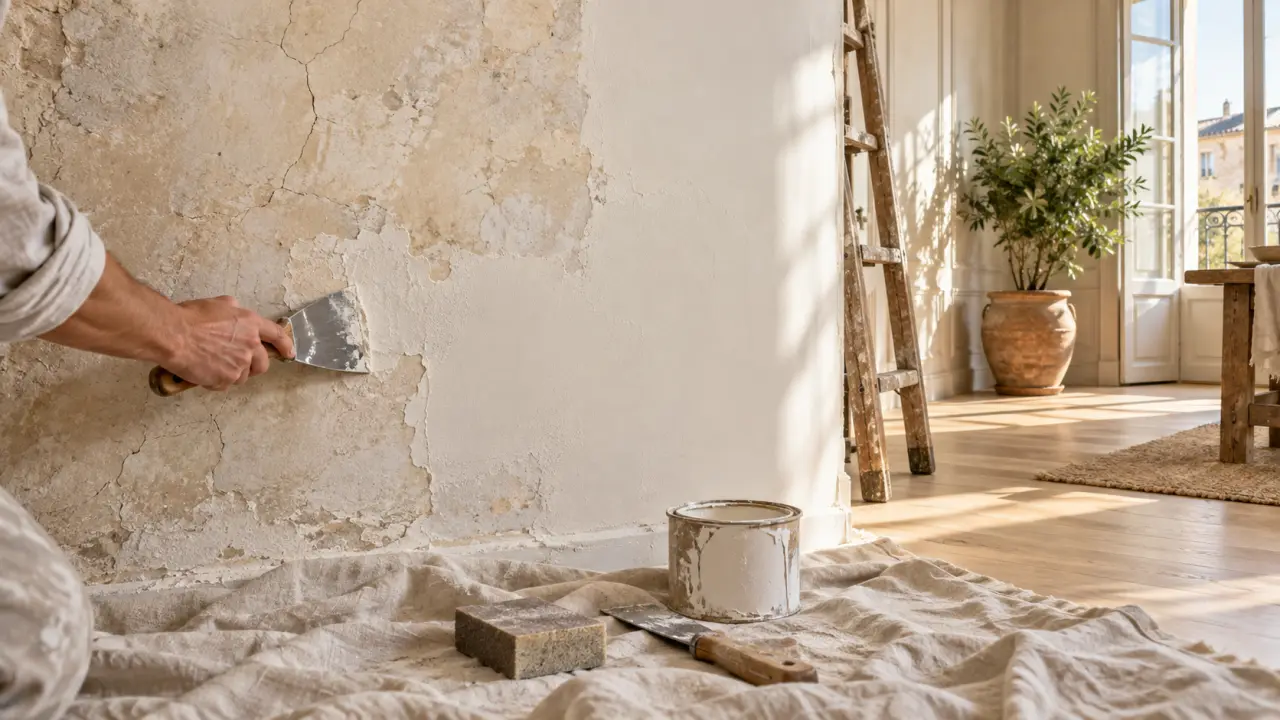 Mur ancien préparé avant une mise en peinture dans un intérieur lumineux