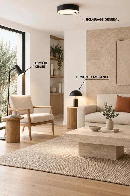 Jolie maison décoration : salon moderne avec éclairage superposé et mélange de matières