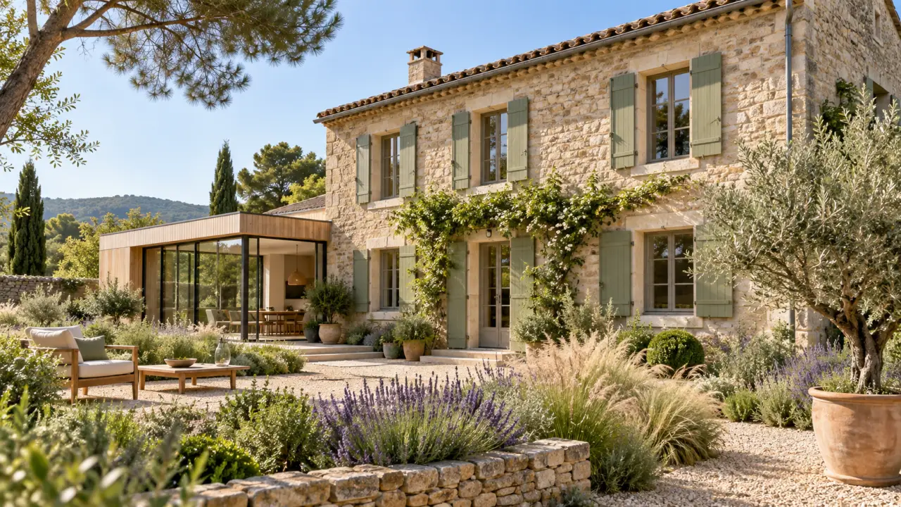 Intérieur lumineux d'une maison ancienne rénovée avec des matériaux naturels