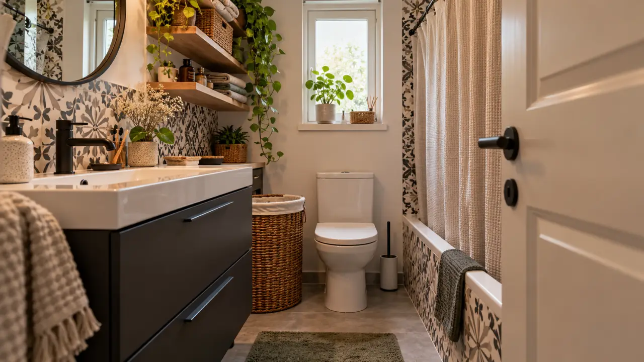 Petite salle de bains lumineuse aux matériaux naturels et aux rangements bien intégrés