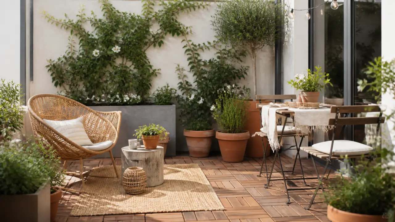 Patio lumineux aménagé avec des matériaux naturels, des plantes et un mobilier sobre