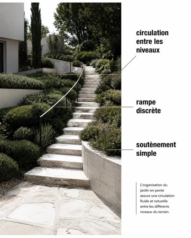Photo aménagement jardin en pente avec escaliers, allée courbe et circulation entre niveaux