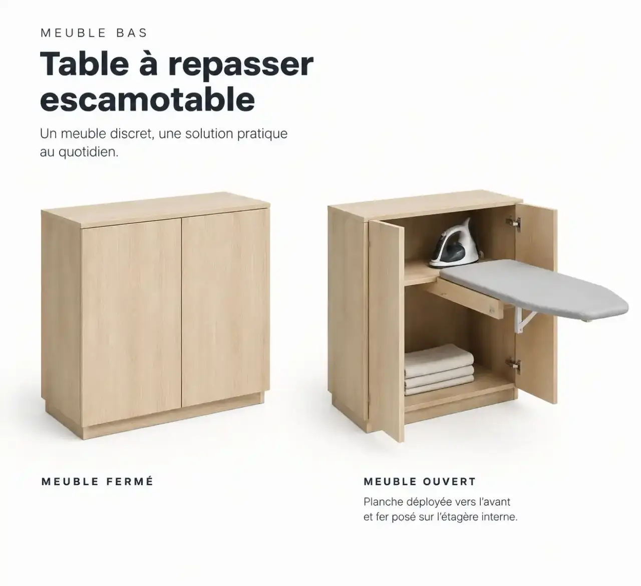 Table à repasser dans meuble : schéma du meuble fermé et ouvert avec planche escamotable déployée