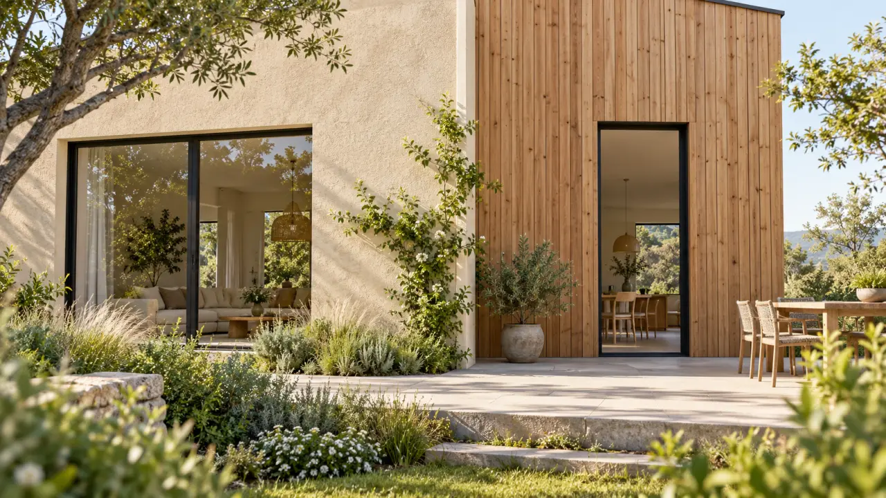 Façade rénovée associant enduit minéral et bardage en bois naturel