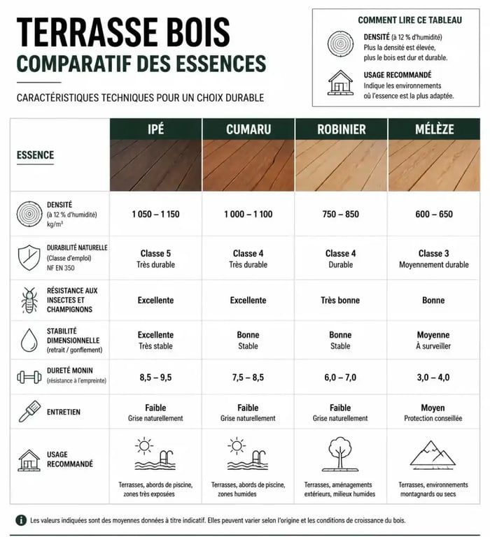 Comparatif des essences de bois pour les plus belles terrasses en bois : densité et usage