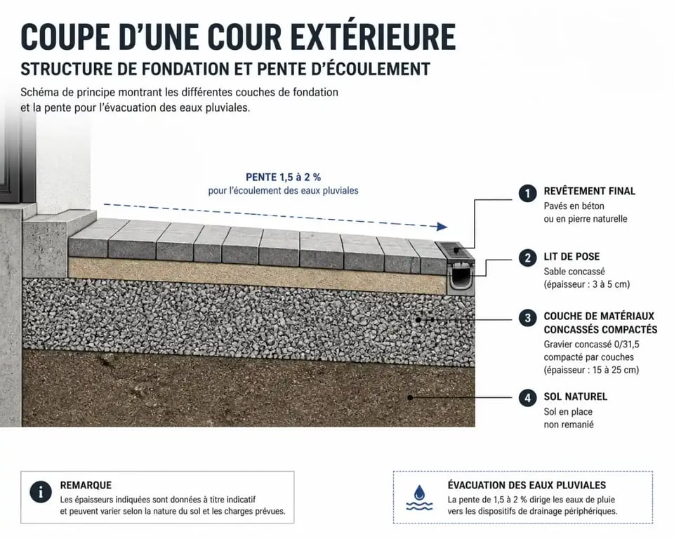Schéma de coupe technique pour l'aménagement d'une cour extérieure durable