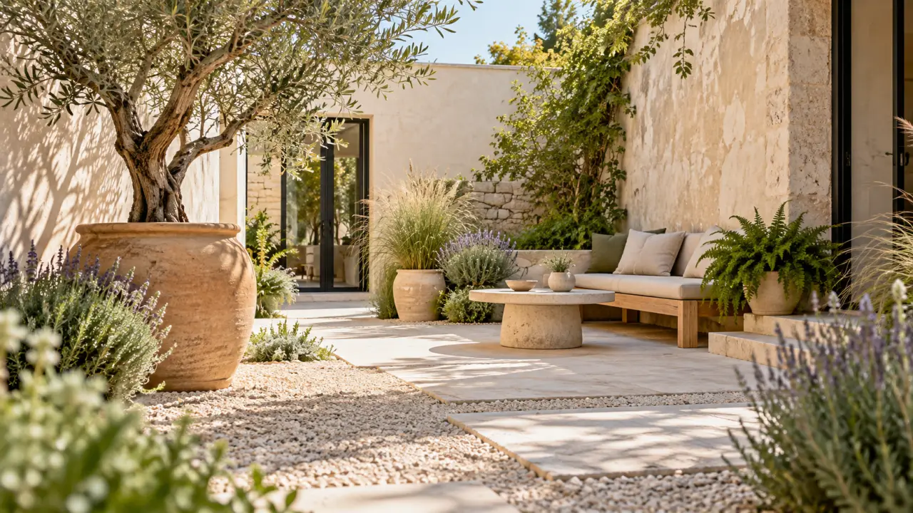 Cour minérale aménagée avec des plantes, des pots en terre cuite et un espace ombragé