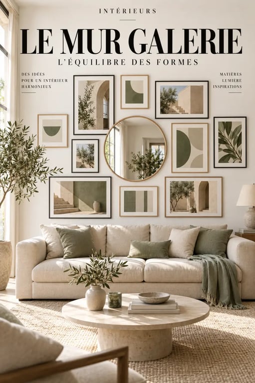 Décoration murale tendance avec mur galerie composé de cadres et d’un miroir rond dans un salon